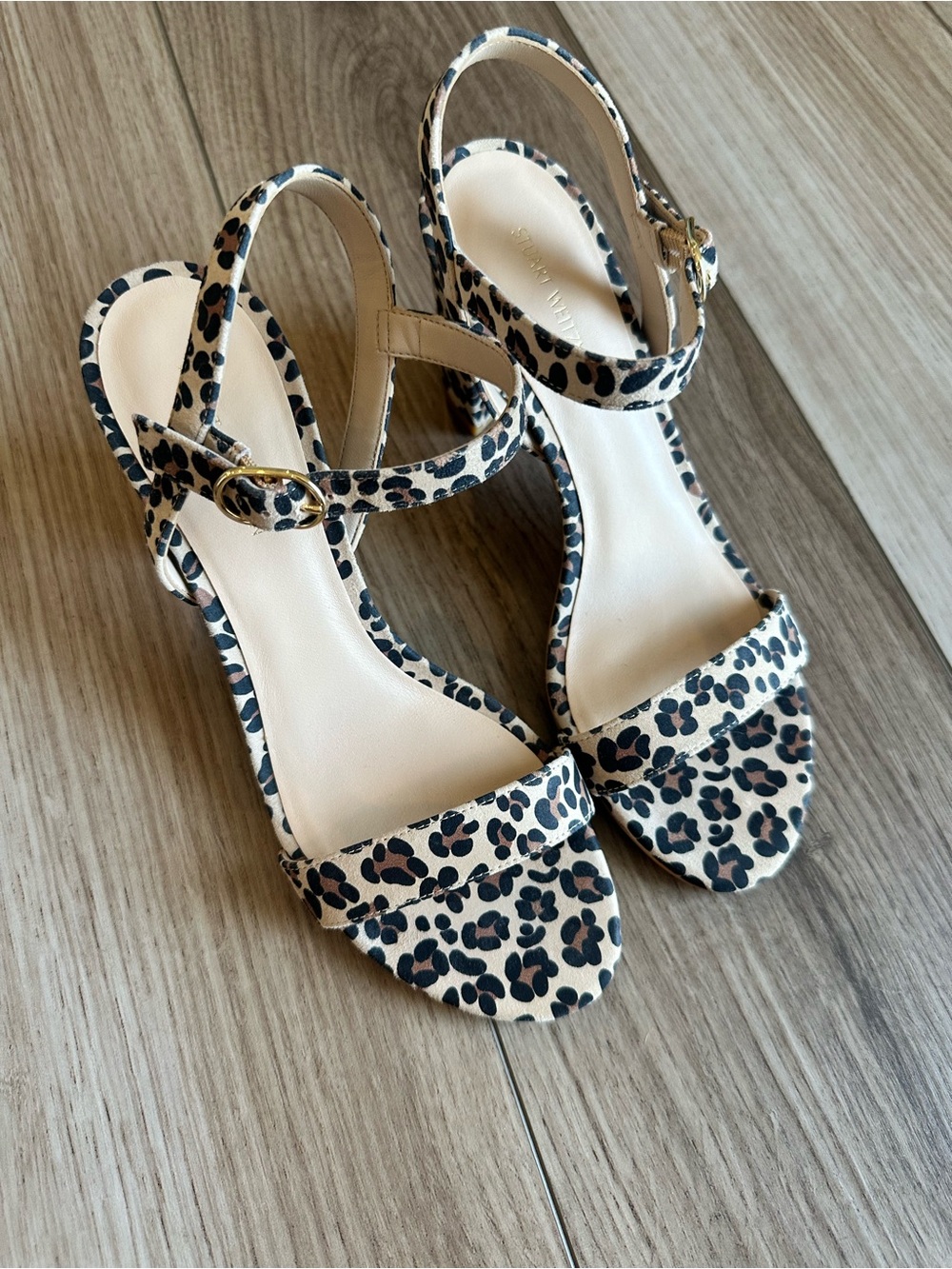 Stuart Weitzman Leopard Print Block Heel Sandals in Tan and Black - Picture 4 of 11